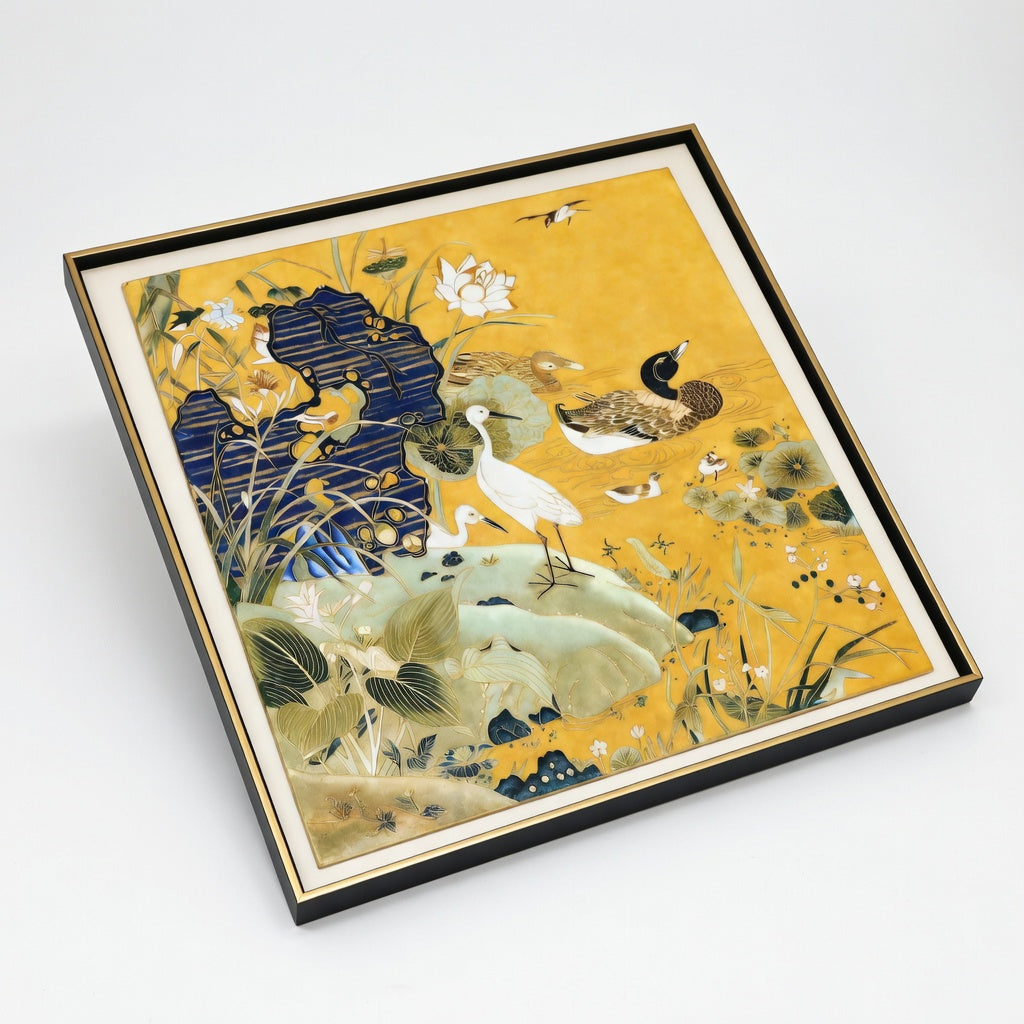 Golden Pond Egrets & Mandarin Ducks Cloisonné Panel