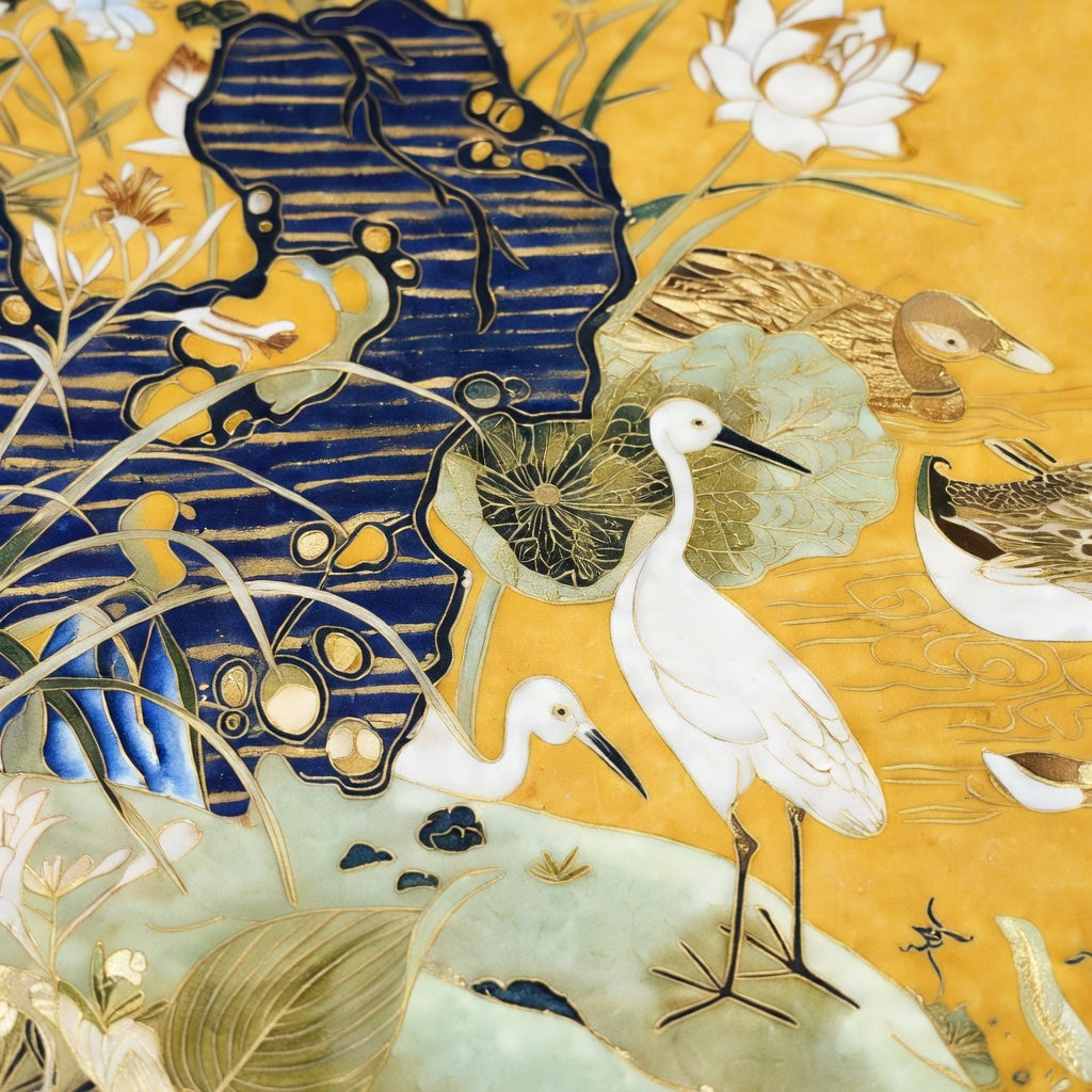 Cloisonne Egrets and Mandarin Ducks Playing in Golden Pond