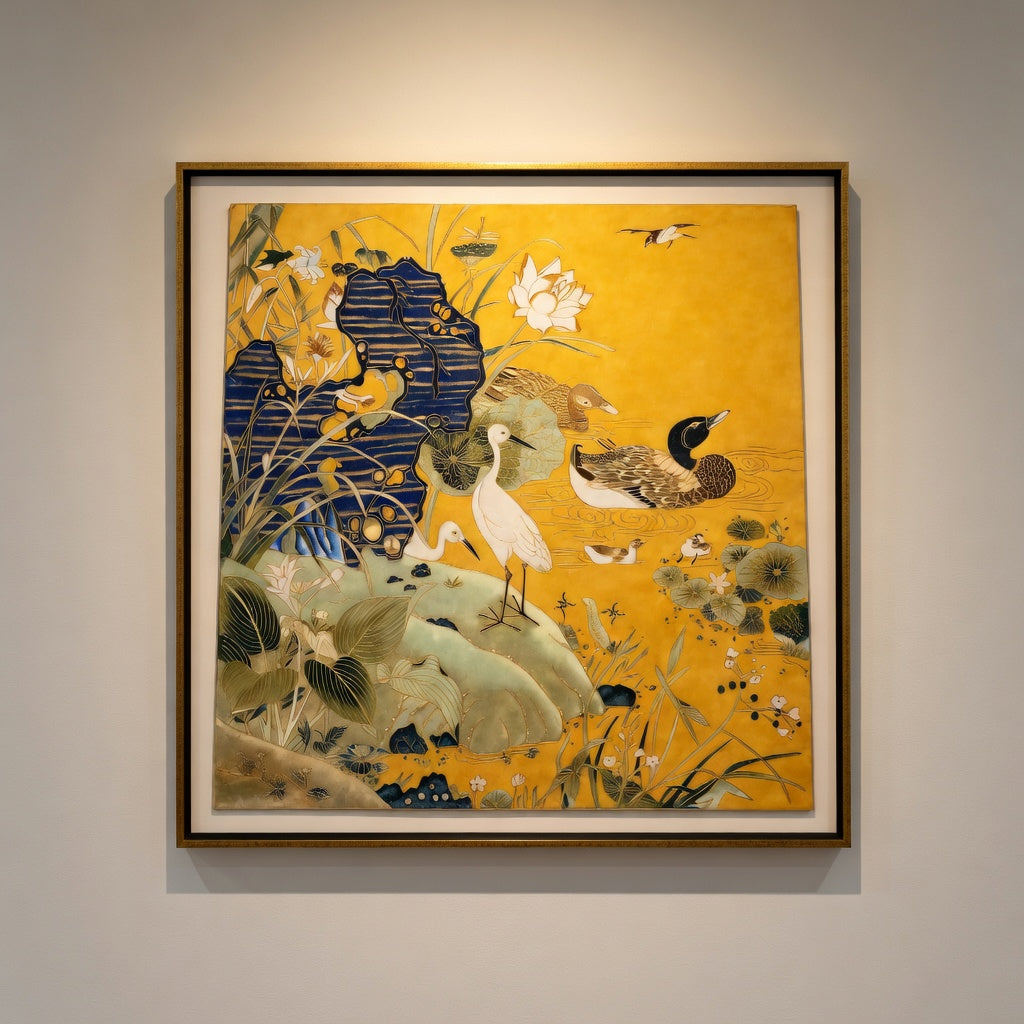 Cloisonne Egrets and Mandarin Ducks Playing in Golden Pond