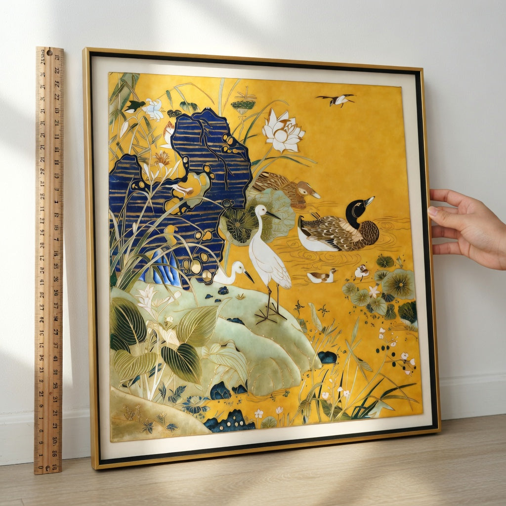 Cloisonne Egrets and Mandarin Ducks Playing in Golden Pond