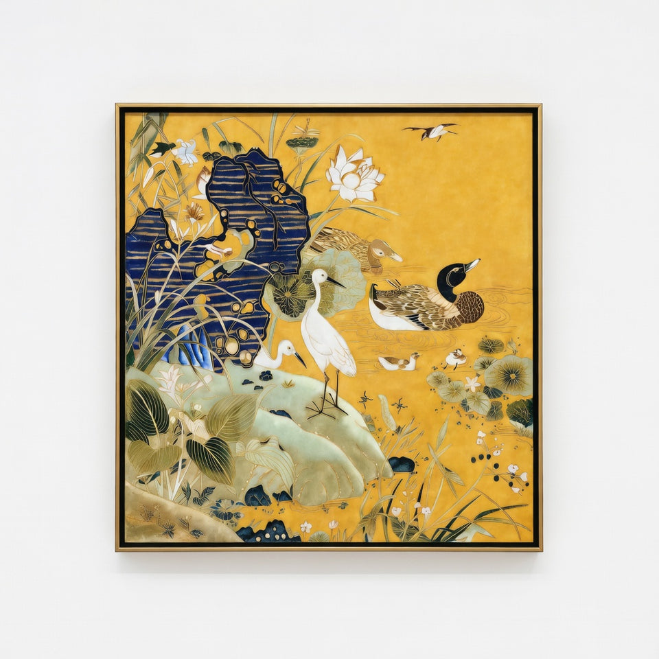 Golden Pond Egrets & Mandarin Ducks Cloisonné Panel
