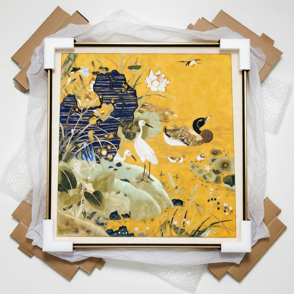 Cloisonne Egrets and Mandarin Ducks Playing in Golden Pond